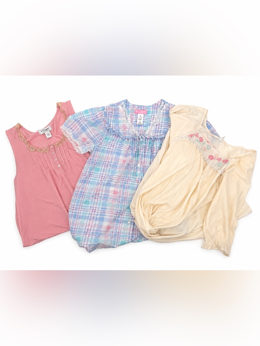Vintage Flawed Nightgown Bundle Lot of 3 Pink Plaid Size Medium & Large Repair - Picture 1 of 16